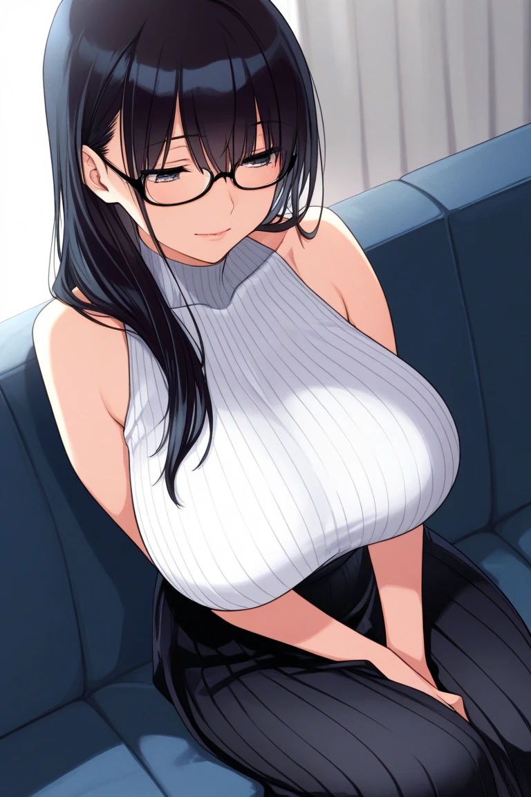 female, chubby, with long brown curley hair, wearing white office shirt with buttons very tight, wearing blue miniskirt, wearing thigh high socks, wearing glasses. Shy. Holding her breast