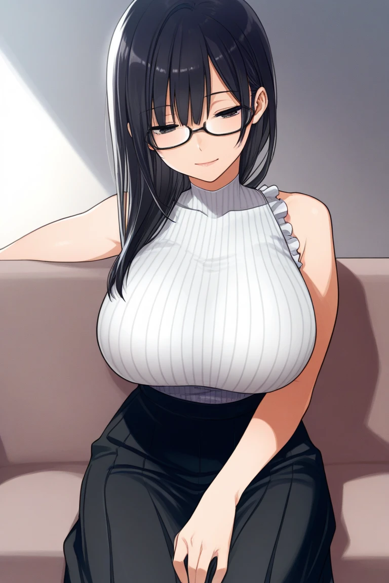 japanes　OL 、A dark-haired　Longhaire、eye glass、Sleeveless　Beige Knitwear、high-waisted　Blue pantsuit、Wearing black high heels、Colossal tits、gargantuan butt、Inside the coffee café　the morning sun、Wearing Wedding Rings　wrist watch、a smile、is standing