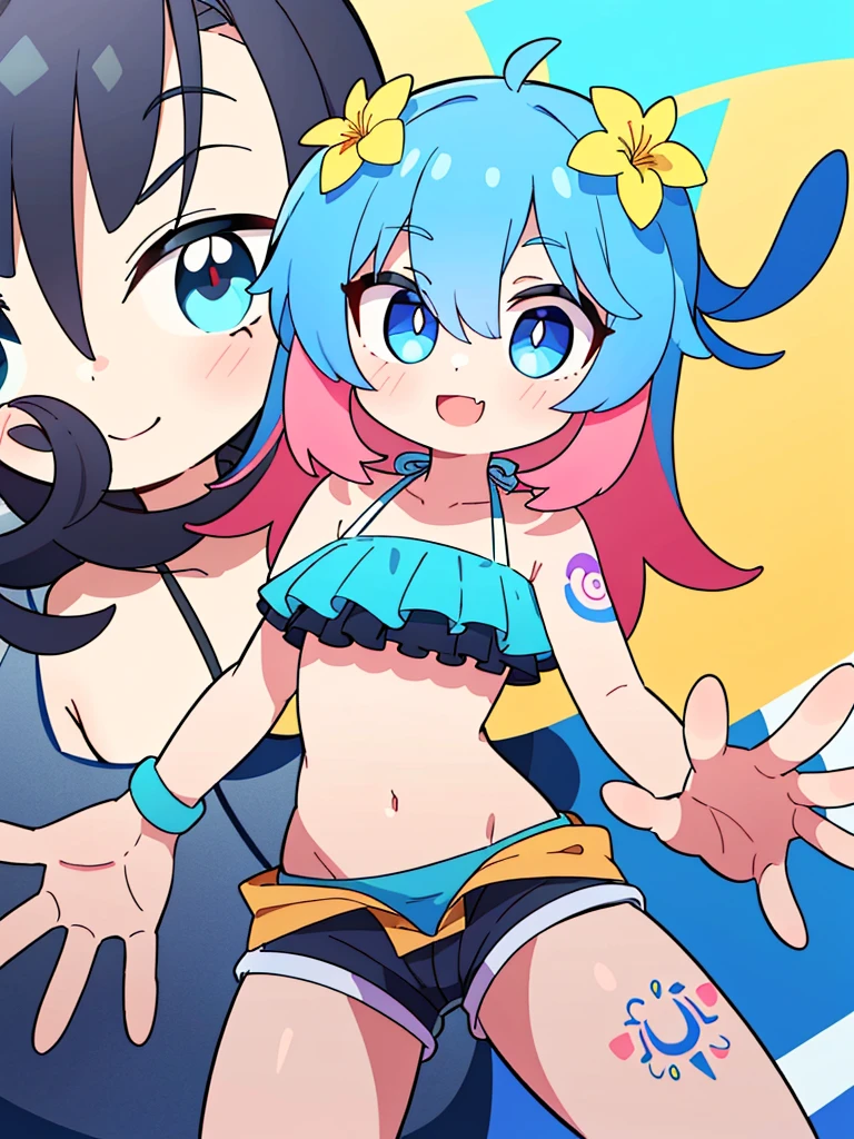 masterpiece, best quality, ultra detailed, a girl, grinning, jumping, looking at viewer, semi long, blue hair, with cross-shaped irises, red eyes, halter top, shorts, necklace, light blue background, flat background, kawaii, cute, anime
