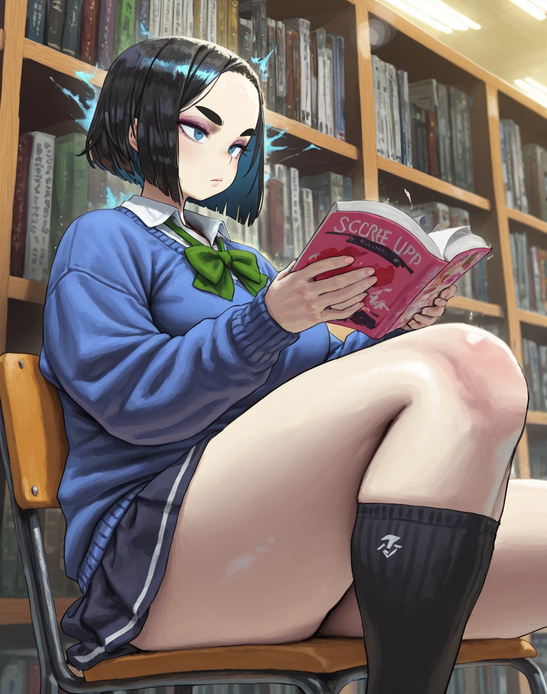 Library, expressionless , black hair, uniform, glasses, sex with a man, convulsions, wet crotch、Love juice, climax, legs shaking、Semen overflows from the pussy in I-shape balance