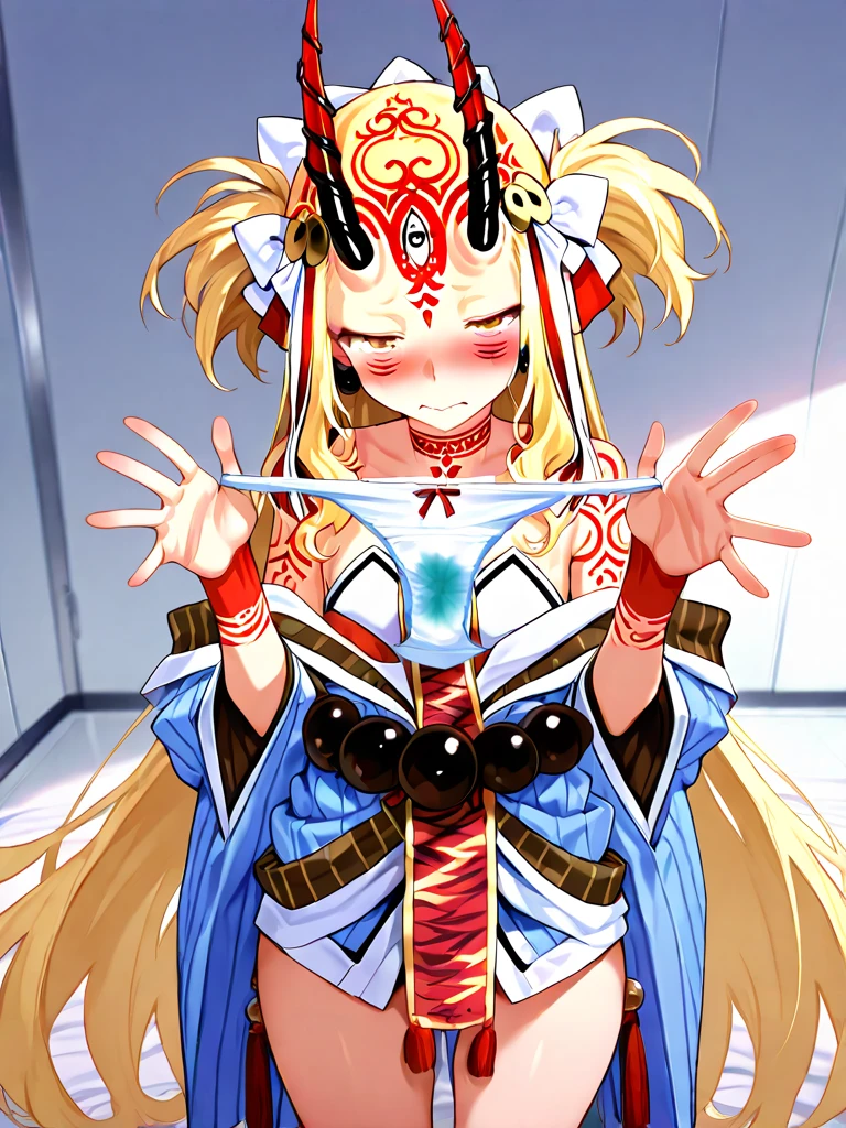 Ibaraki-Douji (Fate Grand Order), clothed, (fit situation), glamorous, leggy, chunky legs, curvy, (upper body), {{{holding out Stained panties}}},  discharge stain There are stains of  discharge and urine, which look smelly, {give panties},present for viewer,{{{{{You hold your panties spread out in your hands}}}}}, {{showing your panties  for viewer}},{{{upturned eyes}}},facing down, {{{absurdres}}}
