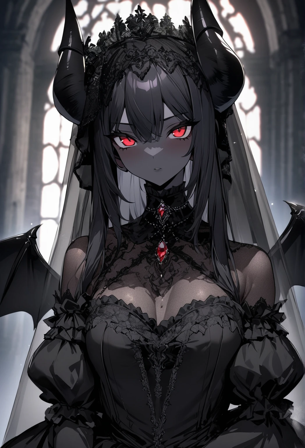 (masterpiece,best quality,ultra-detailed),1girl,horns,black hair,dark hair, white skin, pale skin,pointy ears,beautiful and detailed face, detailed eyes, black shirt,tie,night,fog,((grey and black theme))