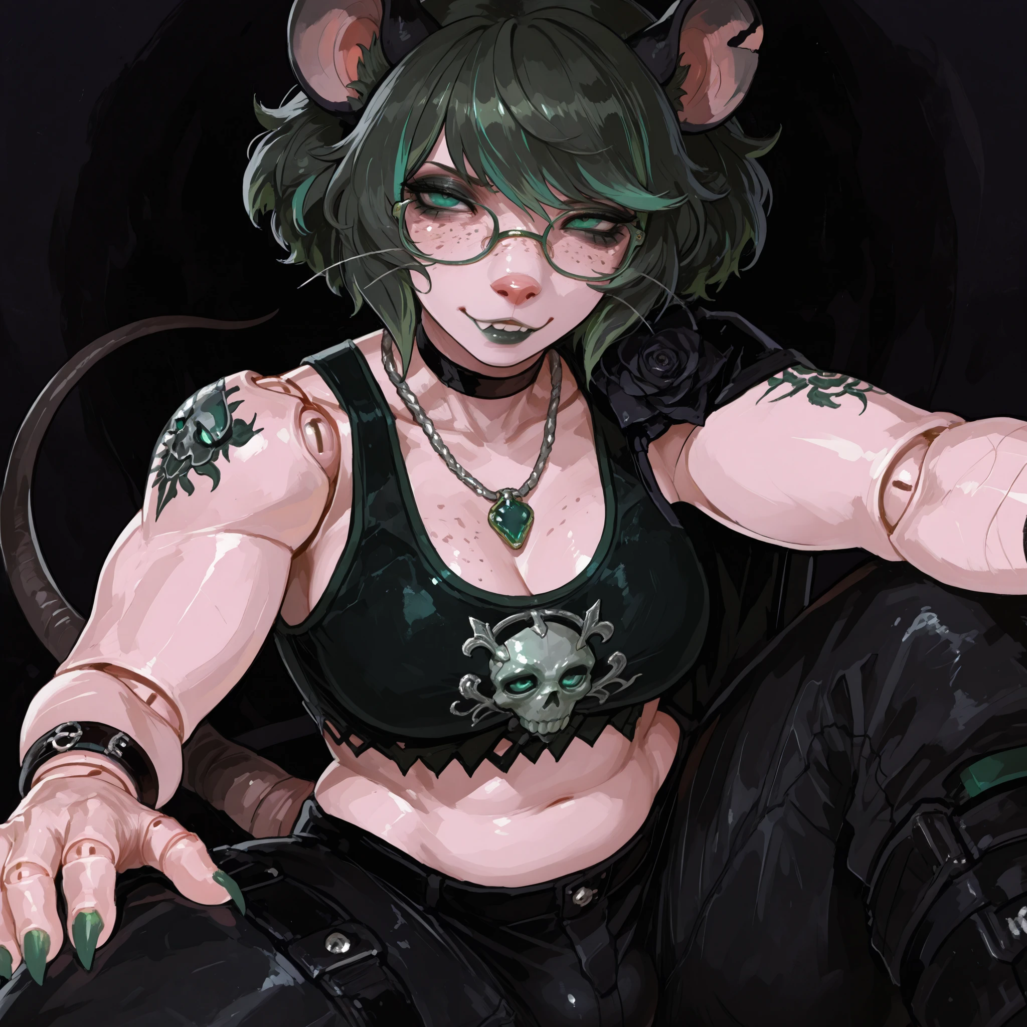 (Tall Mature Female), (black big curly afro with green highlights), (Green streaks in hair), (green eyes), (glowing iris), (black choker), (black leather bracelets), (Black Rose Tattoo on right shoulder), (Silver necklace with a green jade skull trinket), (fingernails), (green nail polish), (Long curvy fit legs), (freckles on face), (freckles on shoulder), (Dark Grey lipstick), (rat ears), (black ears, pink inside), (chipped right ear), (rat buck teeth), (white sclera), (rat nose), (rat tail), (anatomically correct rat whiskers), (goth makeup), (plump kissable cupid lips), (half open tired eyes), (glasses),(Flat chested), 8k quality, highly detailed, Persona Art Style, perfect detailed face, Fit upper body, Fit muscular arms, detailed muscles, Tomboy muscle build, detailed eyes, perfect detailed hands, accurate detailed doll joints, detailed thigh doll joints, detailed doll joints, detailed doll neck joint, detailed lips, 80's comics, femboy, cute, 80'sアニメーション、score_9, score_8_up, score_7_up, (One) elegant, Cheeky pose, Focus on face, Top half photo, Gothic Skull Mesh Crop Top, Gothic Punk Gothic Cargo Pants, Close up view, Close up view on face, Portrait oil Painting style, realistic painting style, cute rat-like facial features, anthropomorphic, anthropomorphic face, sultry Expression, sharp rat claws, fierce eyes, sitting, legs crossed, full furry anthro, mature feminine body type, cream colored fur on body, Rat buck teeth, black smoky background, fur covered skin, black rat ears pink inside, Plush thick thighs, Large Breasts, Stretching the fabric of shirt, Perfect cleavage, overflowing cleavage bulge, (36G Breasts Size)
