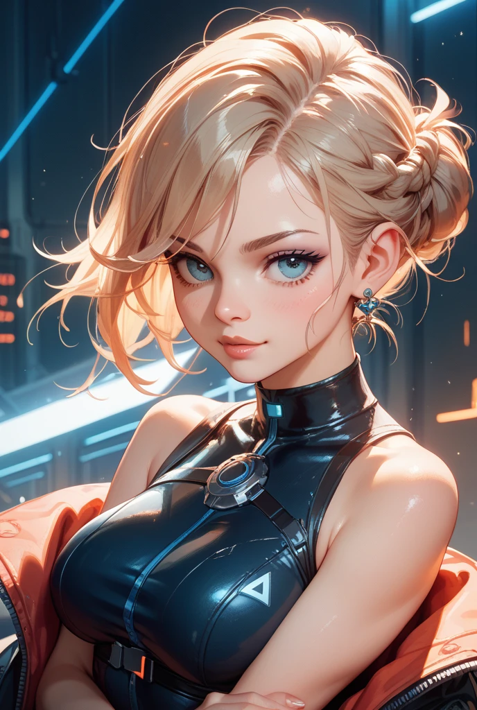 4K, A high resolution, Best quality at best, masterpiece, perfect colors, perfect shadow, perfect litthing, ((sportrait)), 1woman, fit body, heterochromia eyes,dark blue hair , blue eyes, With round lenses, The audience watched carefully, (s face: 1.2), Perfect female figure, ((dynamic pose)), ((gold and black Tight crop top gold and black leather suit)), ((shy and looking at viewert)), (Perfect thick white eyebrows) Delicate fur, 详细s face, s the perfect face, , (dynamic pose), cyberpunk abstract background, ((Bonifasko lighting)), (The round lenses on his eyes)(detailed eyes), Perfect student, ((face close up))