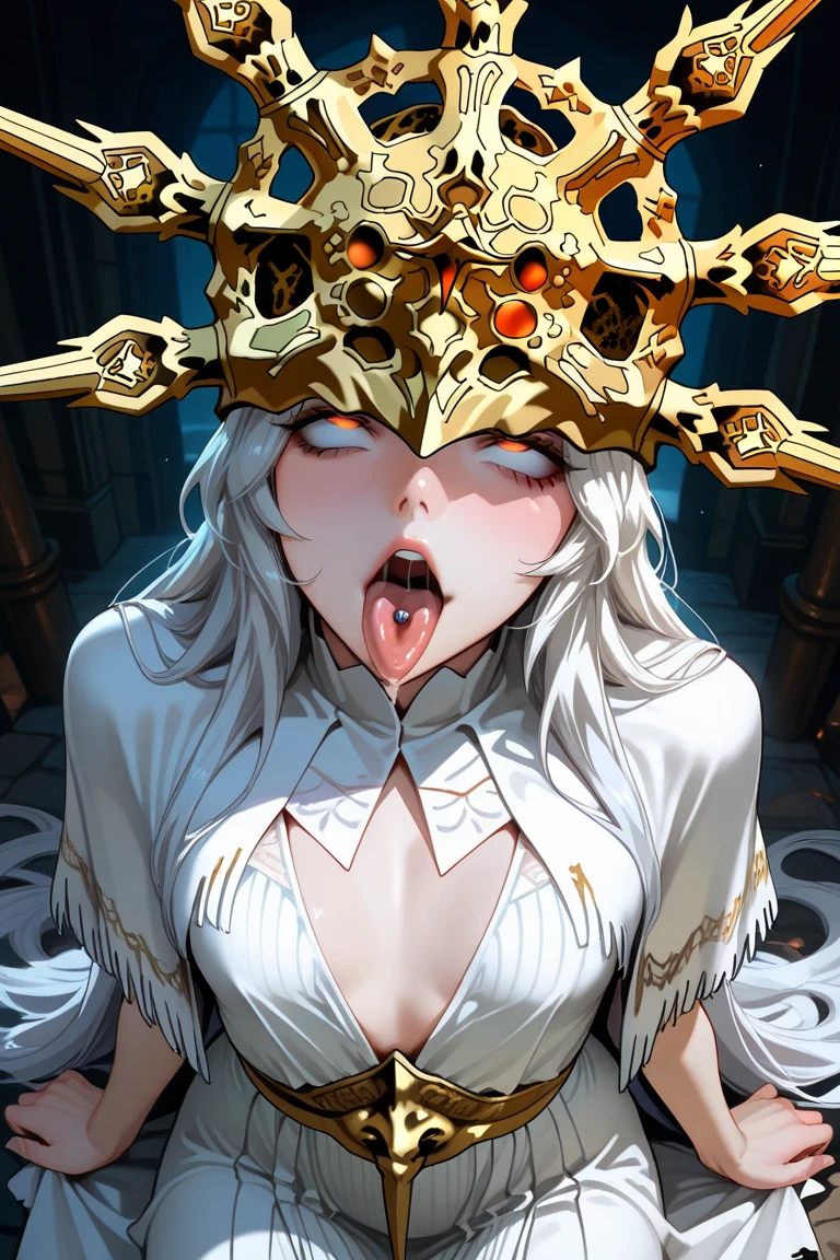 She is beautiful，White hair with black flower-shaped hair accessories，Red eyes flashing with tears，She had a ball gag in her mouth.，Crystal saliva dripped from the mouth along the gag ball to the chest.，She is tied up in a rope，Exposed skin on chest，With gold chest chain，Nipples loom，Her black and gold dress was torn，The white stockings on the legs also have many holes, Revealing tender white thigh skin.，She has shackles on her feet，Black leg rings tied to thighs，She spread her legs and squatted，The skirt barely covers the lower body，His hands were tied，Hanged.，White liquid dripped from her body，A puddle formed on the ground。.。