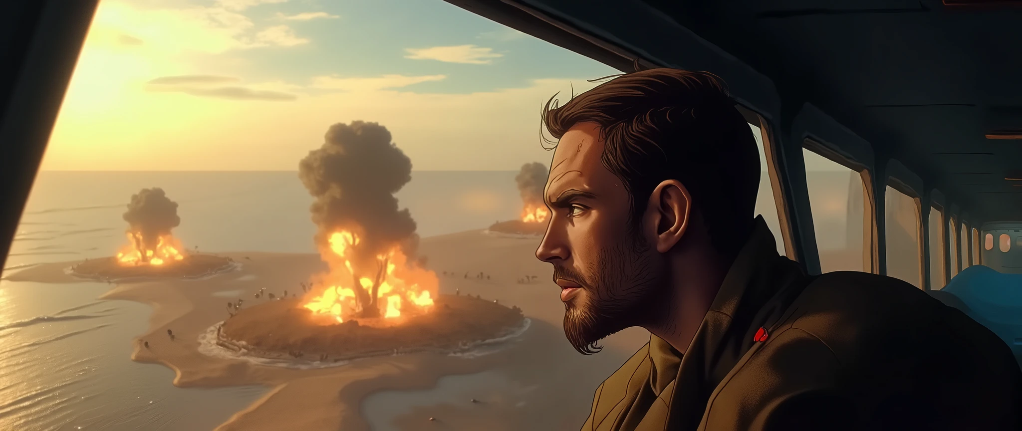 American soldier, looking from a plane flying over a beach, several explosions in a minefield. World War II., cinematic composition, vibrant colors, depth of field (best quality, 8k, high resolution, masterpiece: 1.2), ultra detailed (realistic, photorealistic, photorealistic: 1.37), cinematic lighting, dramatic shadows, romantic scene.