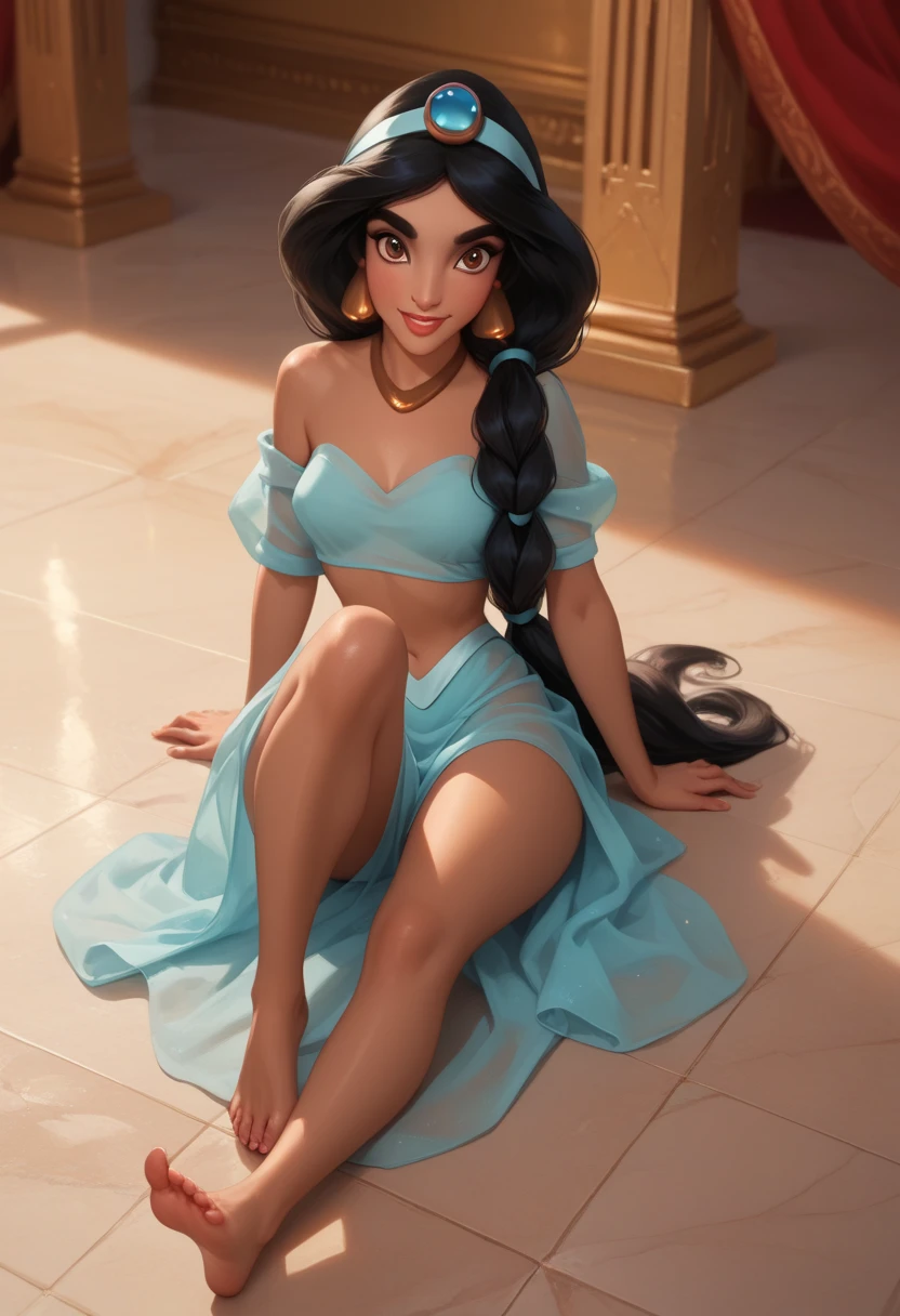 (masterpiece, Best quality, a high resolution:1.2), detailed, complex parts, 4K, 1 girl, (One:1.2), jasmine, long hair, breast, Without clothing, Naked upper body, красивая breast. Black hair, navel, split, bare shoulders, Brown eyes,