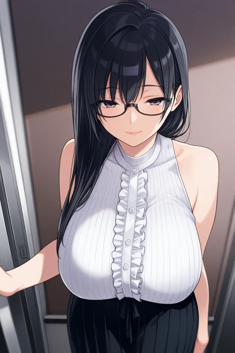 1 milf, long black hair, very big breasts, wearing glasses , smiled lewdly