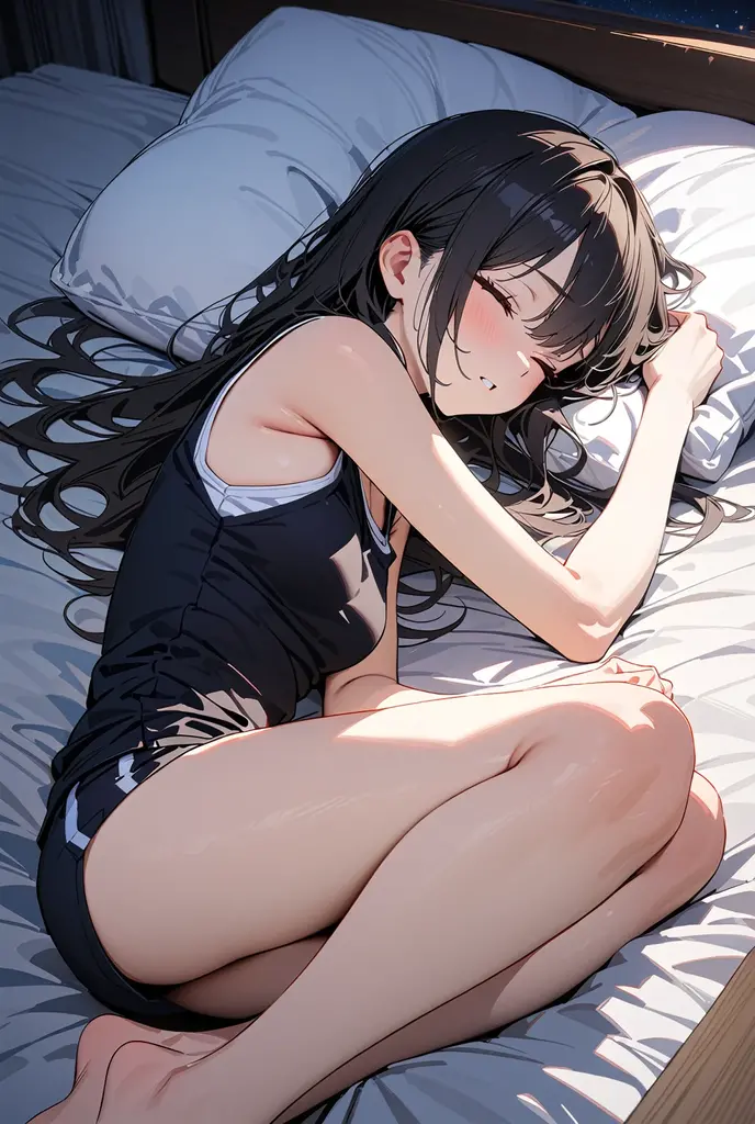 (child),highest quality,Beautiful face in every detail,cute,Dark brown eyes,(背の低いcute女の子,Small young student,Young delicate girl),(masterpiece,Top quality),Black Hair,Sleepy expression,Sleeveless,(White shorts),Crouching