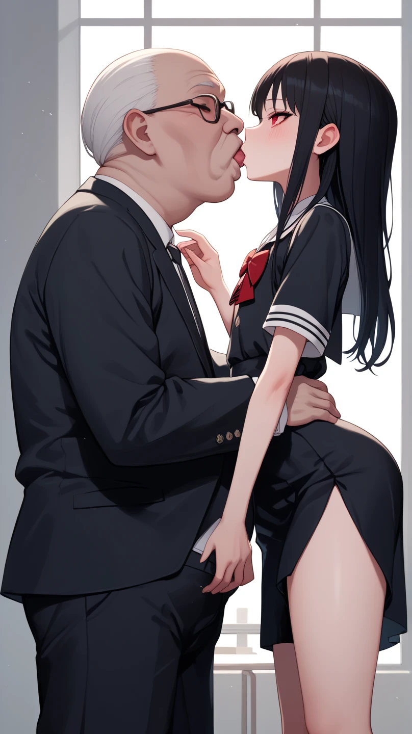 NSFW, A girl gets on all fours in front of a man&#39;aster piece, highest quality, photo-realistic:1.4), (shiny skin), (nffsw, 8k wallpaper, High resolution), perfect anatomy, cinematic lighting, Physically based rendering, award-winning, highly detailed skin, highly detailed face, Beautiful eyes in every detail, Carl Zeiss 85mm F/1.4, (((1 girl and 1 man, couple, Habinan stands in front of a kneeling woman., grab her head), big , girls looking forward to meeting , (girl kneeling in front of a man:1.3), (woman tilting her head), girl staring , (1 girl: とてもかわいい16 years oldのアジア人の女の子, (black hairedセミロングヘア, bangs), mid-chest with cleavage, (View from thigh height), (high school girl), (submissive language), (1 girl: 鼻blushといたずら, eyelid, in the classroom at midnight, (1 man: nude, elderly and fat, hug her head, stand in front of her, grab her neck), Photographed diagonally from the front,please open your mouth wide、blush、embarrassing、uniform、16 years old、(Blowjob)、please open your mouth wide、(she sucks the guy&#39;cock)(彼女はuniformを着たhigh school girl)、((black haired))、(Check Pleated Mini Skirt)、Backlight、anime style、bob cut、short hair、日本のhigh school girl、sexual smile、Mind's Eye、重いbangs