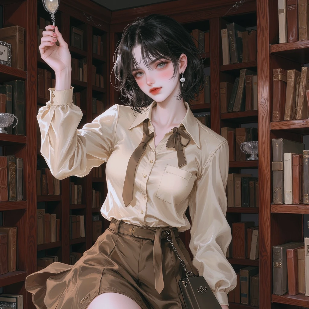 (hi-top fade:1.3)、Subdued Color、(natural skin textures、Hyper-Realism、Soft light、Soft Diffuse Lighting)、1人の女性、(White blouse with ruffles、Blue skirt with ruffles、Wear white ankle socks、(Silk white ankle-length socks and black pumps), wavy gray-brown hair adorned with ribbons、((Getting down on one knee to pick up a book that fell on the floor in front of the bookshelf))、Peaceful atmosphere in the library、Library shelves full of books