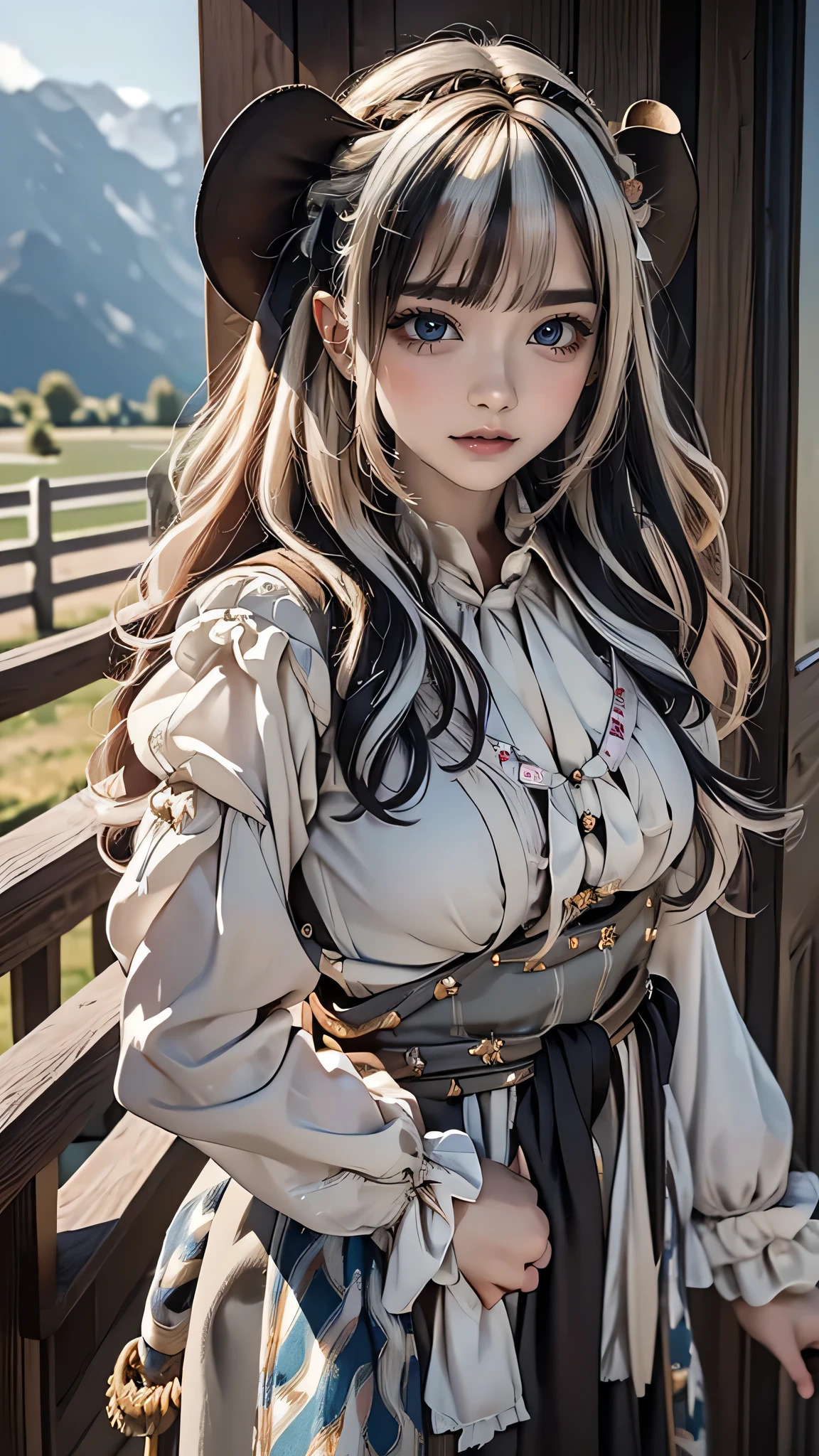 ((Top Quality)), ((Masterpiece)), (Detail), perfect face, fine eyes, depth of field, special shading, ((cowboy shot)), one beautiful girl, seductive Lips, medium breasts, Smile, white hair, ((highlights hair, multicolored hair)), natural wavy hair, (Chiemsee Tracht, luxurious ornaments:1.3), anime Style, fine skin
