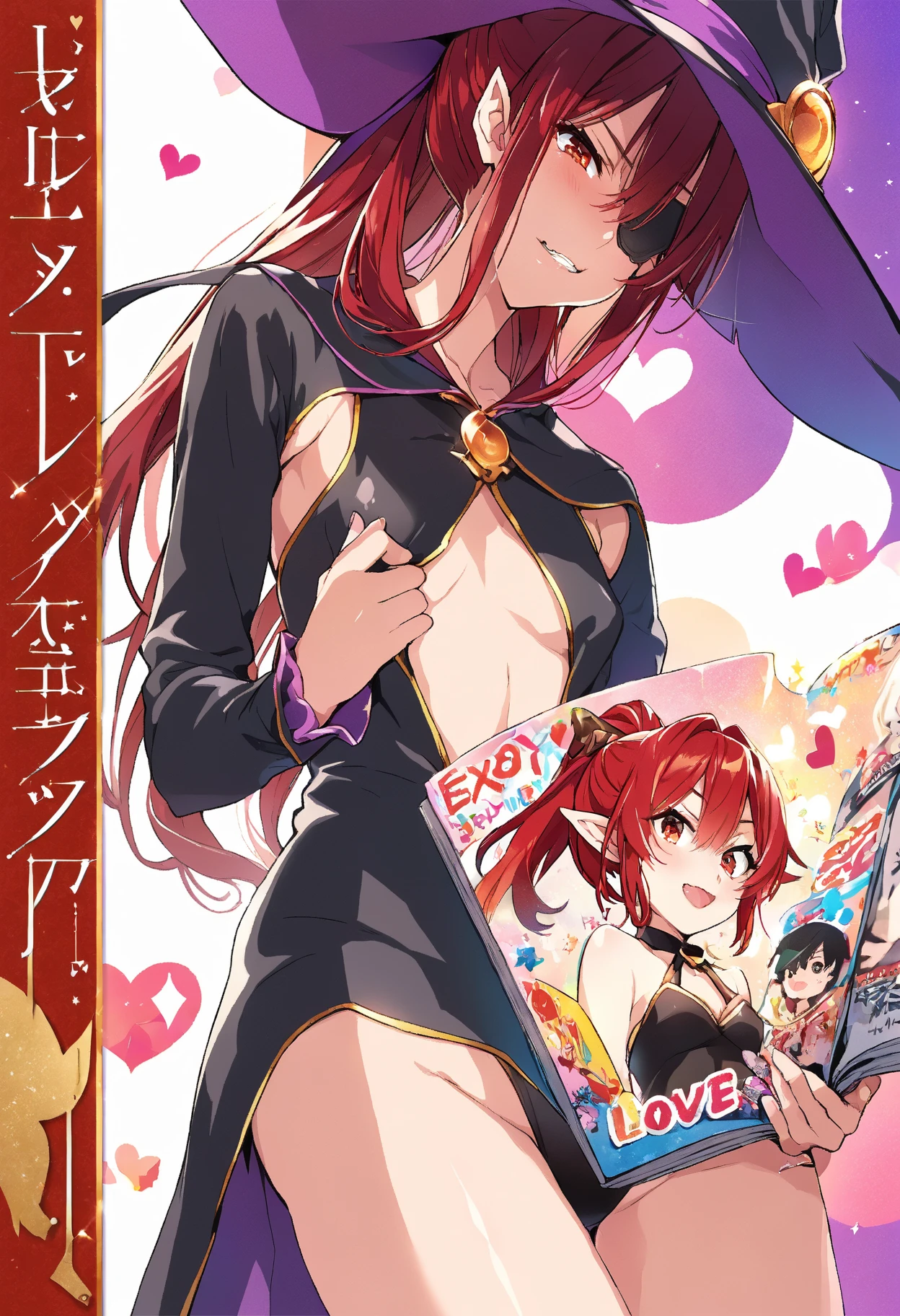 (masterpiece, best quality), best resolution, (3heads:1.5), 1girl, red hair, redhead, long flowing hair, star decoration on hair, smiling, seductive smile, smirk, open belly, dark purple crop top, dark purple miniskirt, open breasts, very huge tits, sexy pose, alluring presence, crimson eyes,