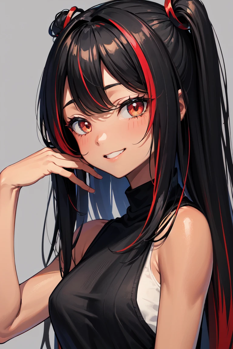 Masterpiece, high quality, 1girl, ((tokisaki kurumi)), monochrome, black hair, sport bra, mini skirt, ((right red eye:1, left yellow eye))), smile, kawaii, sitting, beautiful body, kawaii face, looking at viewer, big boobs