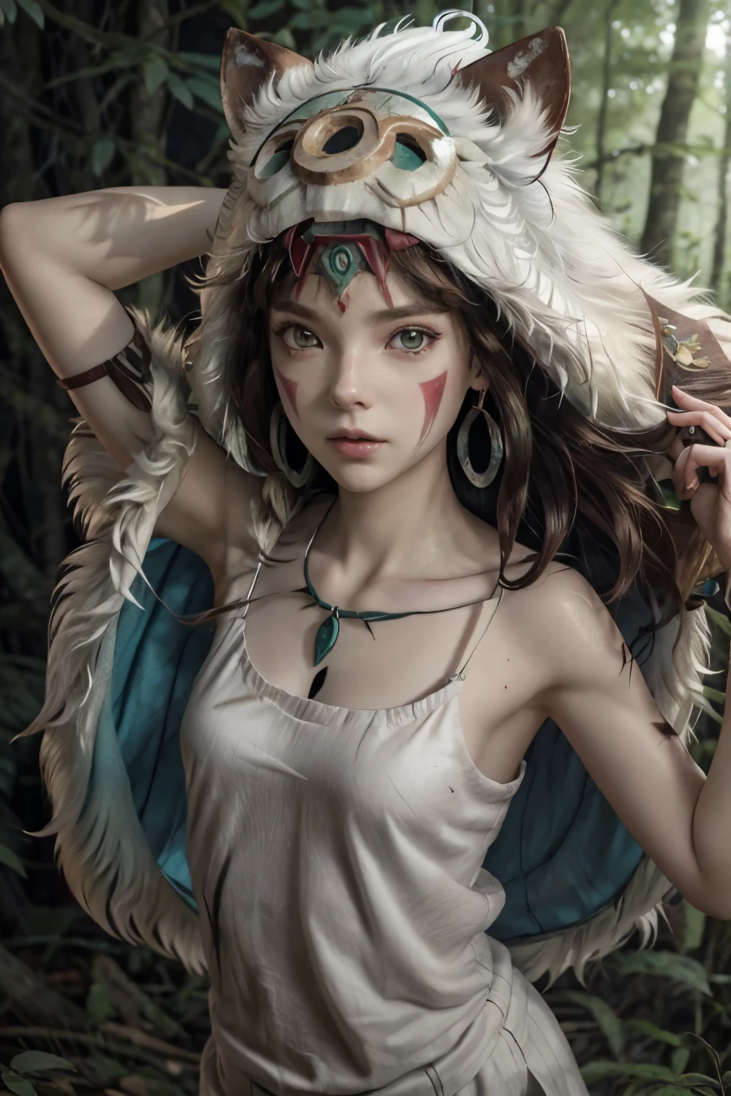 3D style ,。.。. 3DMM ,.。. 3D , (masterpiece , Best Quality:1 . 1) , Ghibli style , San (princess mononoke) , 1girl in , beautiful young girl, (XIII-years-old), armlet , , short Black hair , with Parted bangs , small breasts , flat chest, (topless), , , earrings , facepaint , Floating hair , forest , Green eyes , Jewelry , Looking at Viewer , , Nature , Necklace , Outdoors , , wearing a short white plaided skirt, and a wolf mask on her head (studio ghibli, princess mononoke style), Solo , Tooth necklace , tree ,、NSFW , full body, running through the forest, with a dagger in her hand,