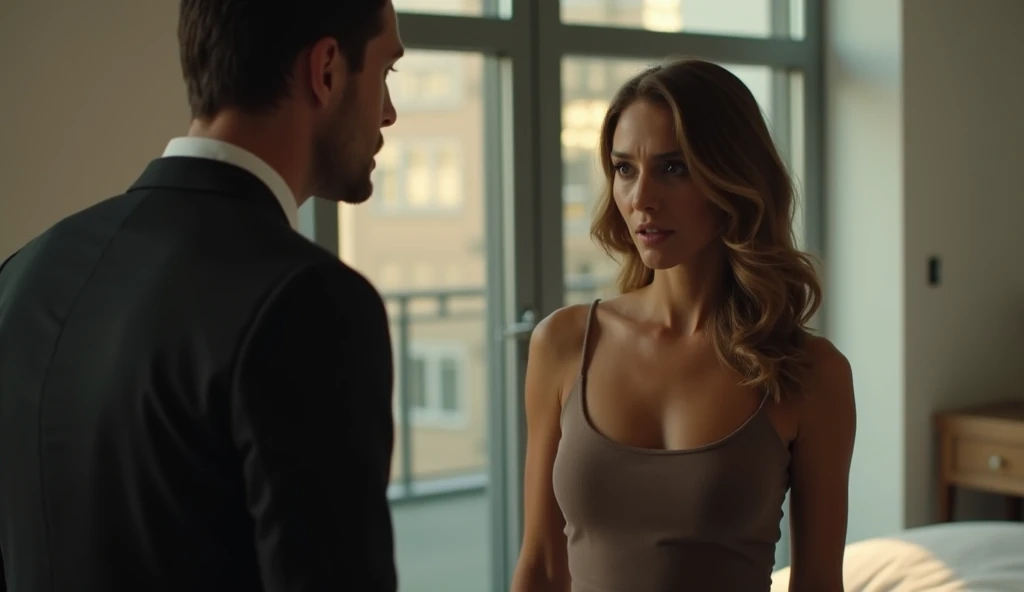 A blonde woman with a sensual but not explicit appearance is sitting in a modern office, having a conversation with a man. She is dressed in a stylish and slightly revealing outfit, exuding confidence and charm while keeping the scene tasteful. The office environment includes a sleek desk, a computer, and bookshelves, creating a professional atmosphere.