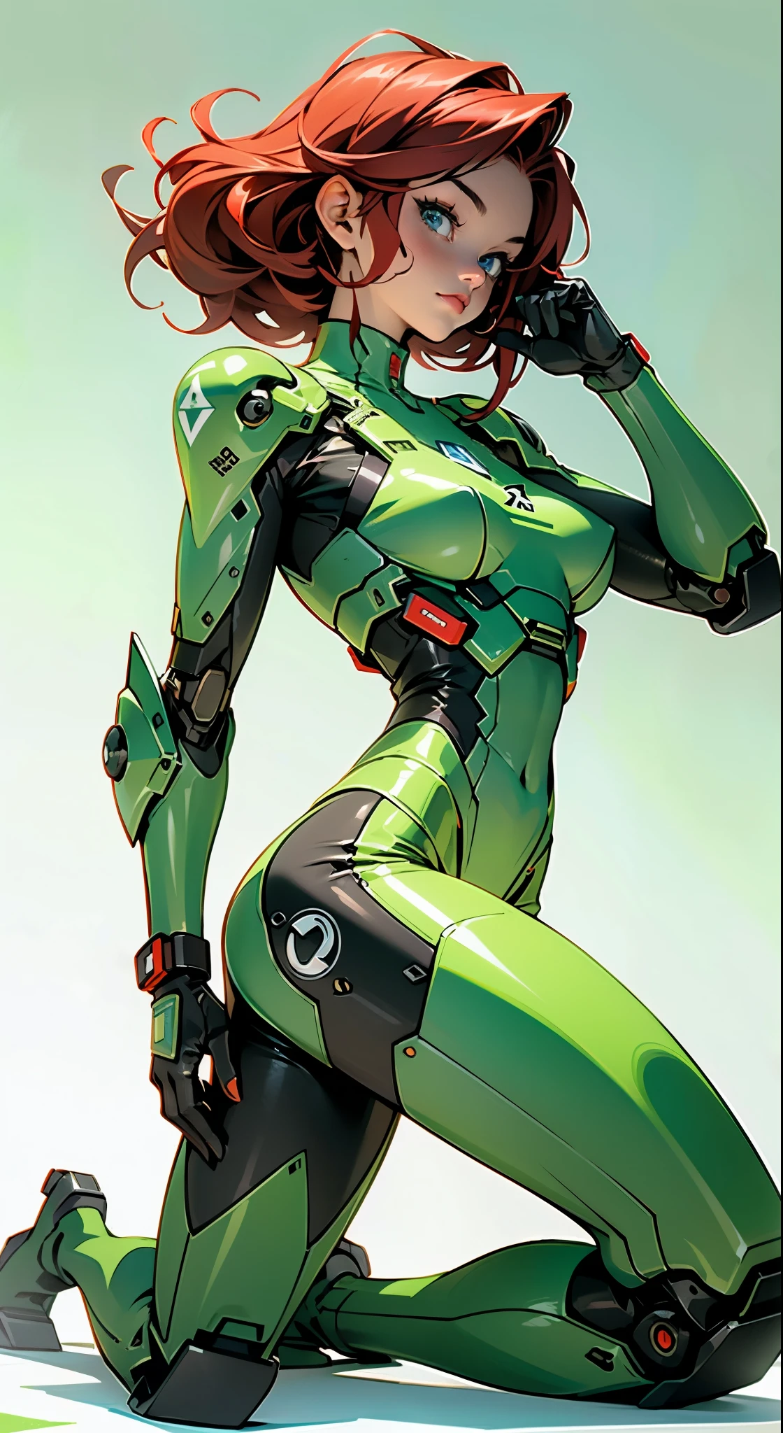 ((best qualityer)), (((Bettie Page))), (((clothes 100% fluorescent green))), (((slim))), (Muscles), (((praying mantis suit))), (((kamen rider))), (((pin-up))), ((Perfect masterpiece)), (detailded: 1.4), (absurdrez), (((Bob Hair))), (((full body fitness, )), (((orange hair woman, blushful))), 21 year old woman, beautiful sexy woman, giant robot pilot, wild with perfect corpo fitness, wearing small mecha battle armor clothes, tiny thong, Simon Bisley styled for the cover of Heavy Metal magazine, clothing with Japanese cyberpunk graphic patterns, Halftone pattern and vertical stripes, earth tone, exiting the body of a giant robot