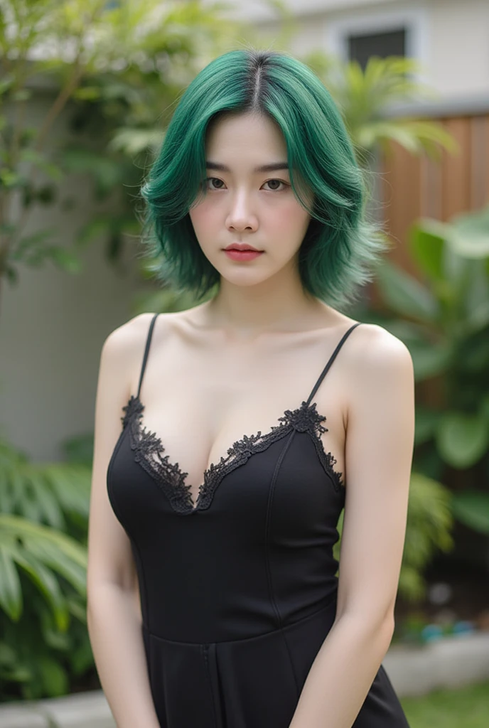a 20 yo, (green hair, bob hair), black dress, strapless, show cleavage, dark theme, soothing tones, muted colors, high contrast, (natural skin texture, hyperrealism, soft light, sharp), simple background, Dark Blue. ((Show big thigh, plump body)). sitting on the ground, in the tropical dense forest. Closing mouth