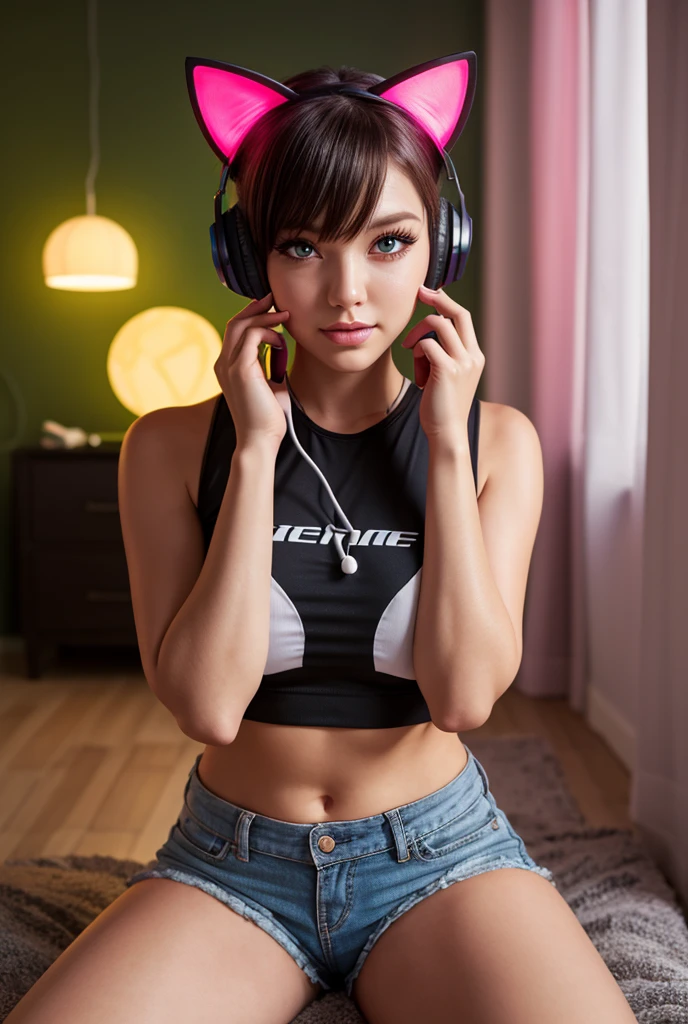 (best quality, masterpiece, ultra high resolution), (8k wallpaper, high-definition, HDR, RAW), (hyperrealistic), (authenticity: 1.4), (full body shot), 1girl, ((16 year old girl)), ((Short black hair)), ((Pretty American Girl)), ((Pretty face)), ((Tight clothes)), ((Nerd glasses)), ((Pale skin)), amazing slim body, female curves, long legs, thick thighs, big ass, flat tummy, ((perfect hands)), ((sitting on a chair)), leaning forward, ((Black crop top)), ((Tight Black Shorts)), ((view at viewer)), ((Seductive smile)), (((Next to a computer))), ((Inside a gaming room)), inside illumination, neon illumination, divine illumination, contrast