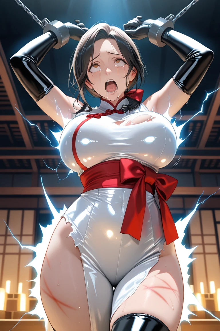 アニメ,Perfect Anatomy,Suguha Kirigaya,1female,crossed eyes,(rolling eyes),open mouth,(tongue out),(crying),side boob,(white highleg leotard),((micro skirt)),short hair,large breasts,(slim body)