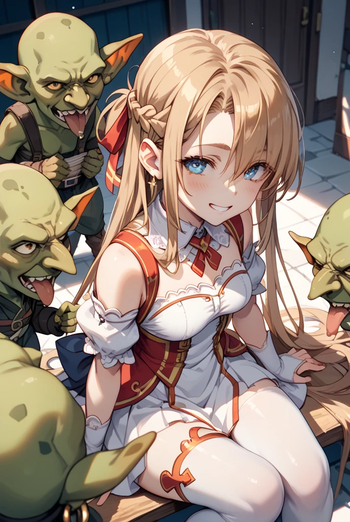 Nsfw,open mouth ,(((1girl,2goblins,sex,vaginal,gangbang))),masterpiece,Highly detailed eyes,glowing eyes,Shine ,The most detailed face,Most detailed skin,The most detailed hair, Kyoto Animation,highest quality, High resolution, Anime Coloring,Violet Evergarden,kneeling ,(((Braiding, Hair Ribbon, Red ribbon, jewelry, brooch,  Brown gloves,white dress ))),in the forest,(((White lace panties,white lace bra ))),