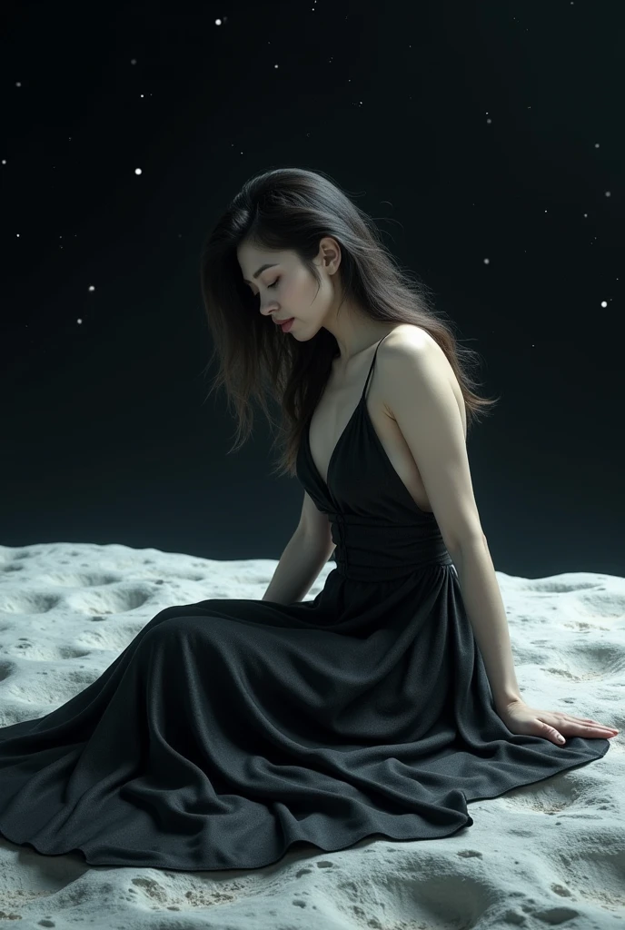 Woman playing piano on the beach at night、moonlight、Crescent Moon、Wave、dress、Splash,look up, Notes in the sky, (Highest quality,Super detailed,Ultra-high resolution, The absolute solution,8k, masterpiece),