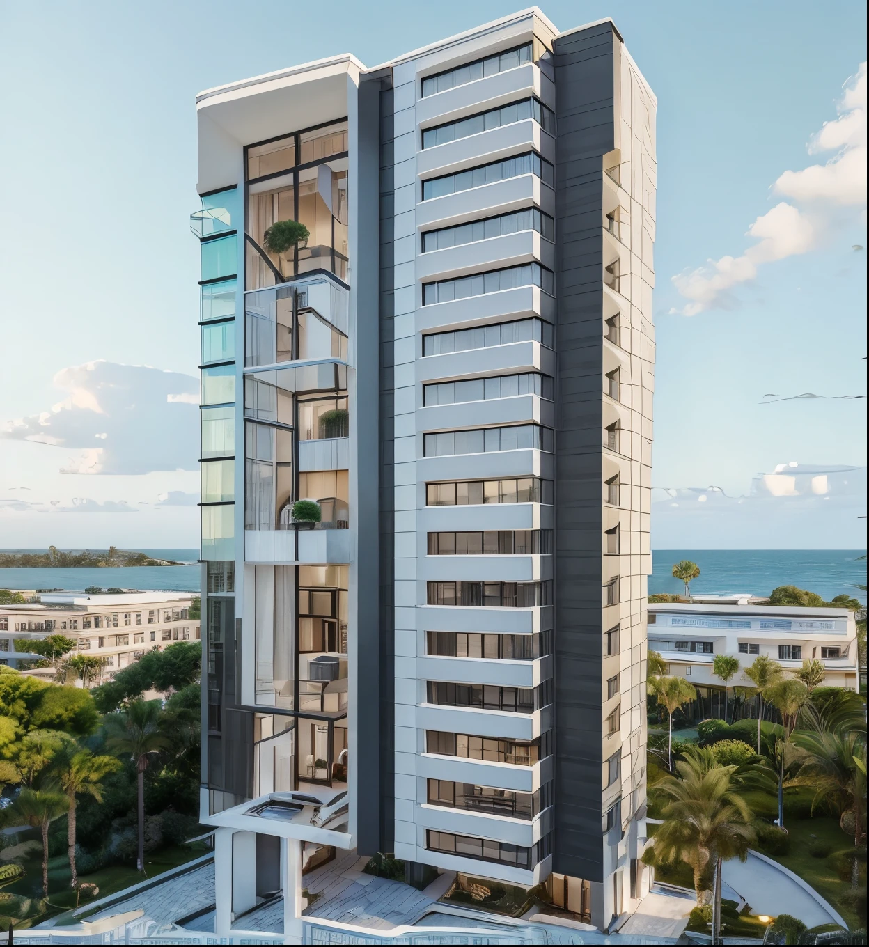 A photorealistic high-quality 3D rendering of a modern mid-rise apartment building, 8 floors, with a clean minimalistic design. White and dark gray color palette, sharp cubic forms, deep balconies with glass railings, and wooden textures on selected balcony ceilings and planters. Stone cladding at the building base. Vertical black paneling element running through the façade. Lush tropical landscaping with palm trees. Clear blue sky with bright daylight. Modern urban setting, realistic car models parked in front, high-quality lighting, sharp shadows, crisp reflections on windows, ultra-detailed textures, cinematic framing."