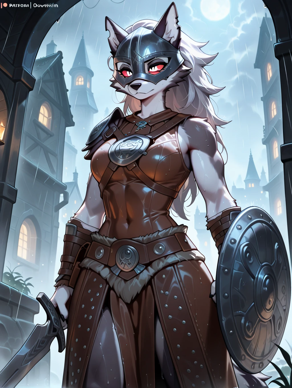 sorceress bear, antropomorphic, high ornamented armor, fluffy fur, foggy, forest, 70mm, cinematic, highly detailed, bear real size, standing, with a staff, magical lights, magical aura, red lights, threadbare cape, red illumination, volumetric lighting”, “best quality”, “masterpiece