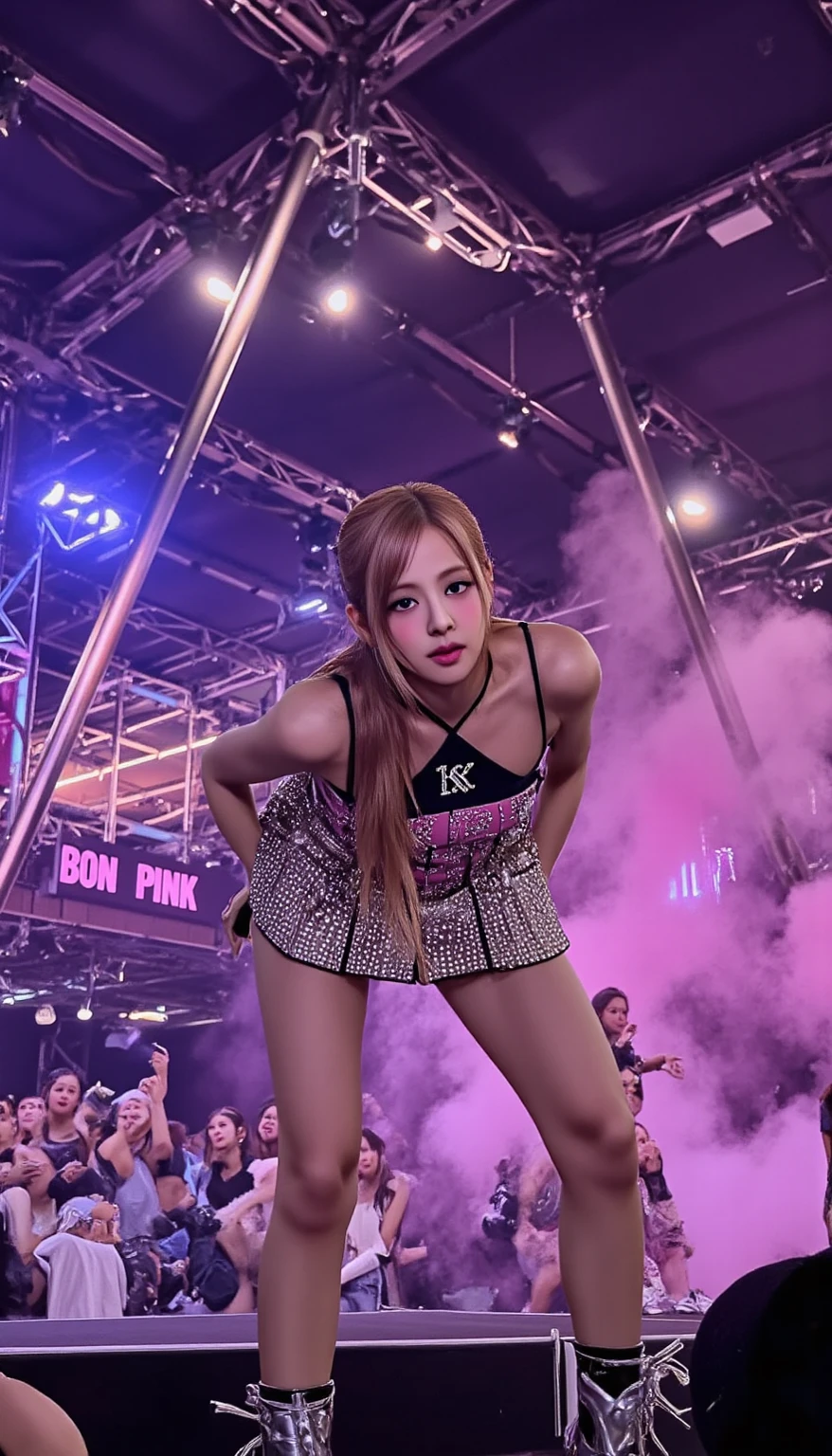 (highest quality、Super detailed)、(Real:1.37)、HDR、UHD、Studio Lighting、 Bright colors、Highly detailed eyes and face、Beautifully detailed eyes、Beautifully detailed lips、 Long eyelashes、Flowing, shiny pink hair、A young and extremely beautiful woman、Nightclub dancer、(Pink sports bra、Wearing pink short leggings)、Wearing a pink beret、White gloves、Wide-open legs、Squat、belly button、natural breasts、(Put a lot of bills in your sports bra or short leggings)、On the stage at a nightclub
