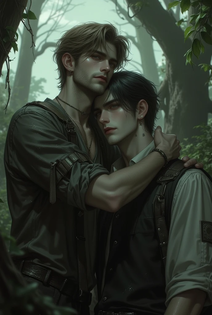 1 man, age 28, strong and with a well-defined body, Eyes red, short black hair slicked back, Seriously, face perfect, bonitas, shirtless wearing black jeans, standing in a misty moonlit forest.