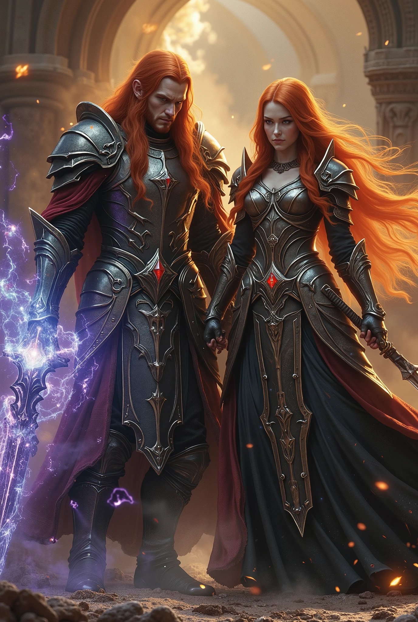 ((FULL BODY)), twin couple from the Middle Ages, both redheaded and powerful, with magical crystal weapons and armor, powerful redheaded humans with light eyes, maximum level RPG, 4K, 8K, unreal engine.