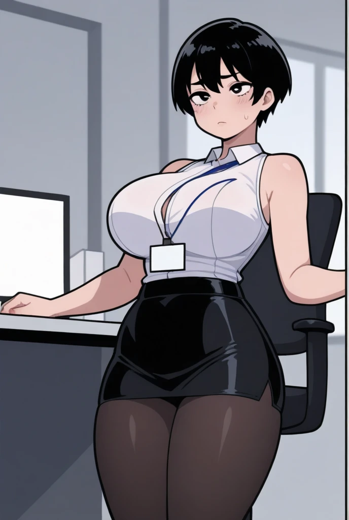 sexy woman, mature milf, huge breasts, large breasts, curvy, voluptuous, completely nude, nude, ass, pussy, nipples, black hair, brown eyes, tomboy pixie cut hairstyle, necklace, earrings, smile, standing, from back, solo focus, leading news, in news studio, big screen in the background, indoors, js_news
