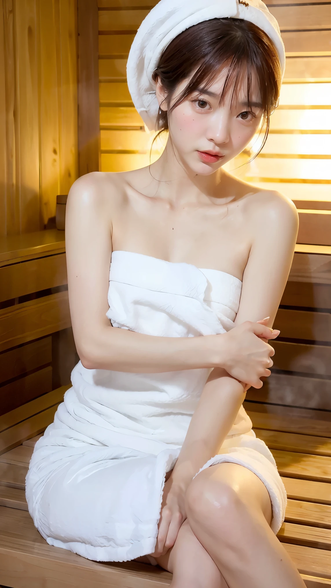 1Girl, Solo, (Masterpiece, Best Quality, 8K,,Photorealistic, real girl, mulberry:1.37), looking up at viewer, 1 dainty Japan, Slender body type: 1.1, Small breasts, Sitting, sauna, Double eyelids, Droopy Eyes, A dark-haired, (Sweaty face, Sweaty body: 1.2): 0.2, (White Oversized Towel Dress, strapless), (small in size, White Towel Turban: 1.1), Finnish sauna, realistic body, makeups, Gloss slip, focus on face, smaller face, Sharp focus, Layered Cut, facing the viewer, The sauna has the following.., shot from the front