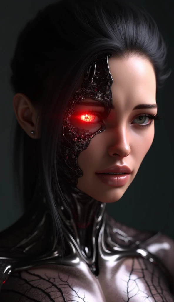 ral-opal, meahophontron, full body, woman robot face, monja diablo, negro, mirando a cámara, cuerpo ropa de monja, red eyes, primer plano mirando a cámara, realista, beautifull woman, lingerie