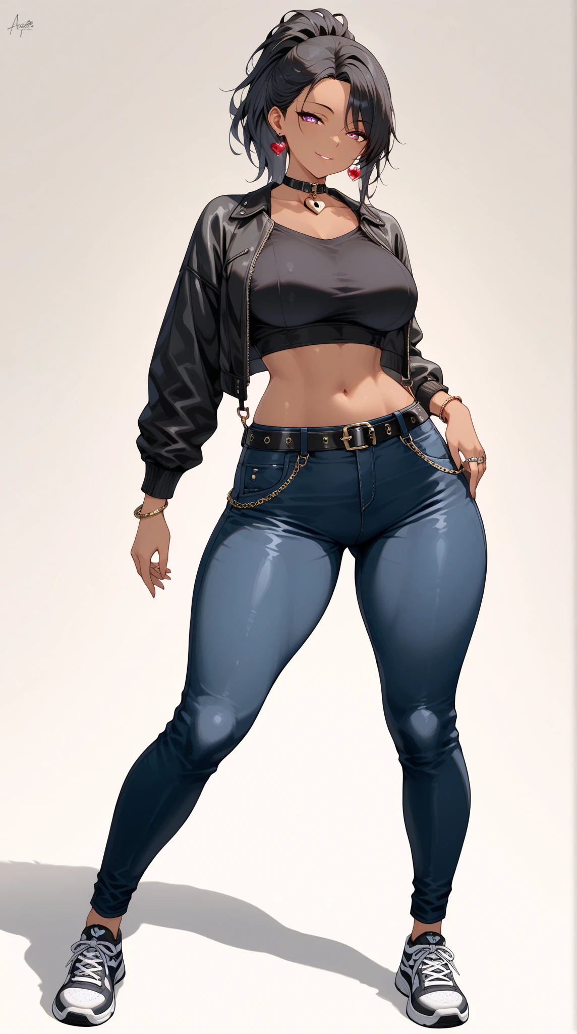 (blank background), (((full body framing))), standing, (masterpiece), (best quality), huge girl, (muscular girl:0.8), (thin hair:1.7), (long blue jeans), massive breast, hair over one eye:1.4, sport bra, fuchsia hair, dark skin, belt under navel, blunt bangs, sneakers, (long legs:1.6), rock band shirt, cute:1.8, adorable:1.8, leather jacket,, cyberpunk girl, ear piercings, earrings, tatoo, (very curvy:1.3), 1girl, solo