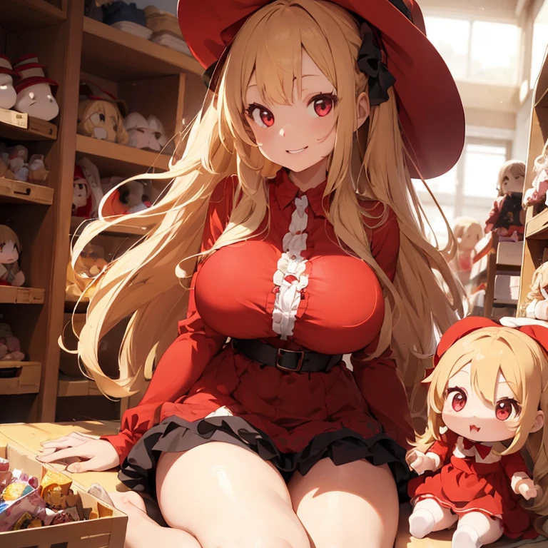 1 female, age girl, red long sleeve dress, blonde long hair, rosa cheeks, gothic home, playing a dolls, drunk face, huge breast, alcohol, drinking, lazy eyes, red eyes, dizzy, open mouth, sex