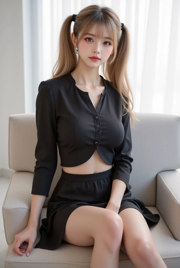 (RAW photo, best quality), (realistic, photo-realistic:1.3), masterpiece, extremely delicate, extremely detailed, CG, unity , 2k wallpaper, amazing, fine detail, light smile, extremely CG unity 8k wallpaper , huge file size, super detailed, highres, ridiculous, soft light, (((short hair: 1.3), short bangs, silver hair, flowing novafrogstyle)), pretty detail girl, finger detail, eyes and face extremely detailed, beautiful and delicate nose, beautiful and delicate eyes, long eyelashes, shallow face, looking at the audience, (shut up: 1.2), 1girl, cute, young, mature face, (full body: 1.3), (medium breasts), realistic face, realistic body, beautiful delicate thighs, (ulzzang-6500-v1.1:0.8), suit, cross-lace, collared shirt, open clothes, in the office, detailed office, open cardigan, black stockings, mini skirt,