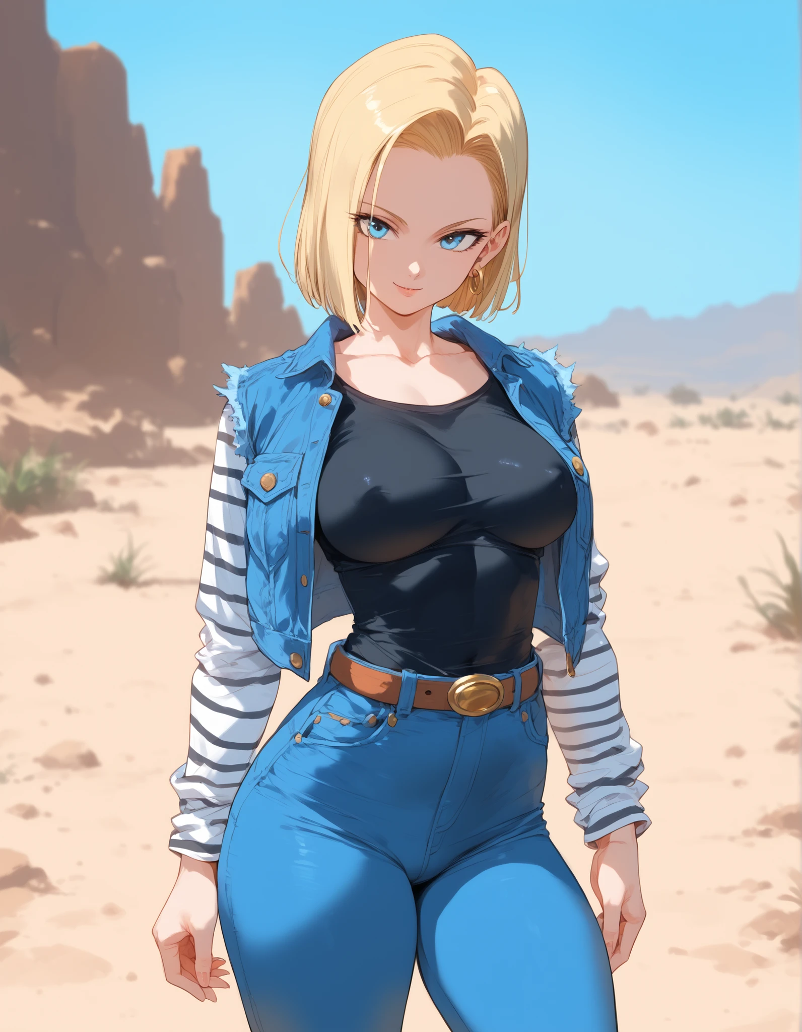 1girl, zzAndroid18, blue eyes, blonde hair, short hair, jacket, denim, denim jacket, jewelry, earrings, long sleeves, black shirt, ((tight denim pants)), belt, stripes, masterpiece, absurdres, ((cowboy shot)), desert background, sunset, cinematic light, sexy, sexy pose, standing, covered nipples,