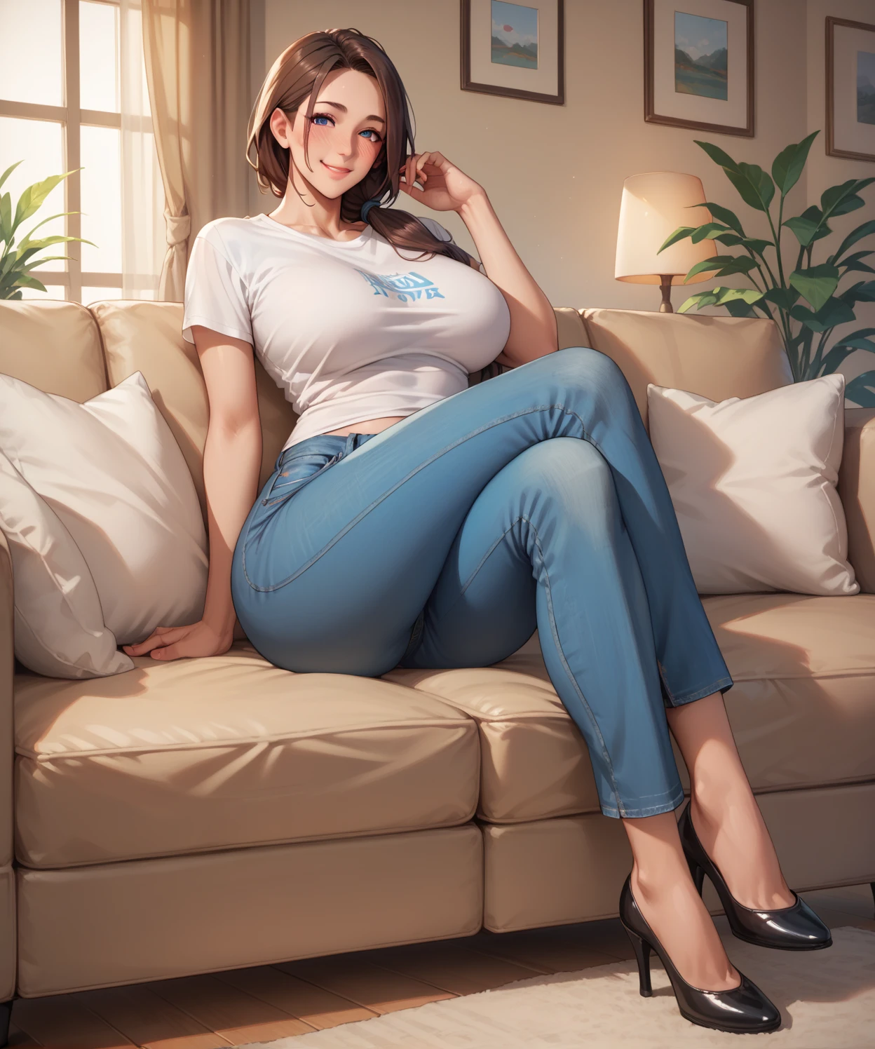 RAW photo, realistic, one very tall huge (minigiantess) woman, red sweatshirt and (jeans), (sitting on floor), (head touching ceiling), coffee shop, muscular,voluptuous, table, chair, window, ceiling, (high detailed skin), 8k uhd, dslr, soft lighting, high quality, film grain, Fujifilm XT3,  full body portrait, Israeli face, black hair,  ebony skin, <lora:minigts:0.44>
