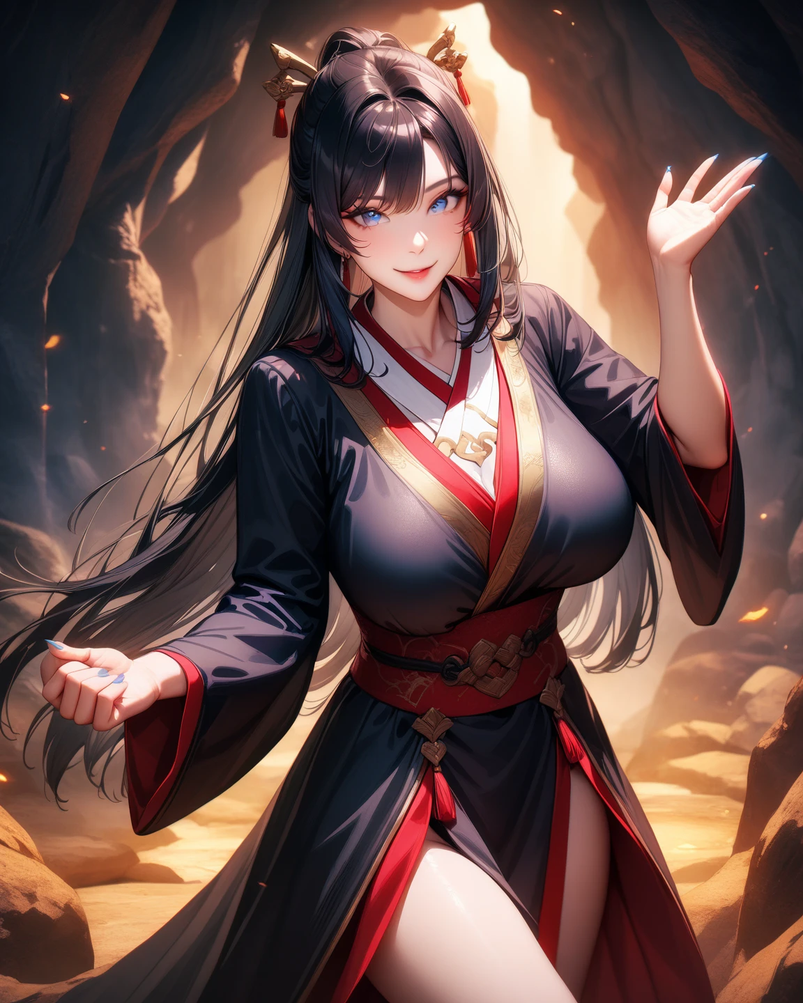 gufeng,Bare shoulders,, ((Bare shoulders)), ((whole body)), Practical, Fashion girl, Red lips, Become a, cosmetic, big eyes, fair eyes, ((whole body)), ((From below)), (best quality, masterpiece:1.2), Ultra Detailed, (Practical:1.37),((Large Breasts))(((Cleavage)))), ((Sexy long legs)), fair, Young and energetic, Charming model with (Delicateeyes, Delicate lips, extremely Delicateeyes), Show a bright smile, Create stunning girl images, warm color, Very high color saturation, official art, Extremely detailed CG unified 8k wallpaper,(High Dynamic Range :1.4), (Movie),(Soft colors, Dull Color, Soothing tone :1.3), (Natural skin texture, ultra-Practical, Soft Light, sharp),(Very detailed), night, moonlight, ((In the mountains, plant, Leaning against the rocks))