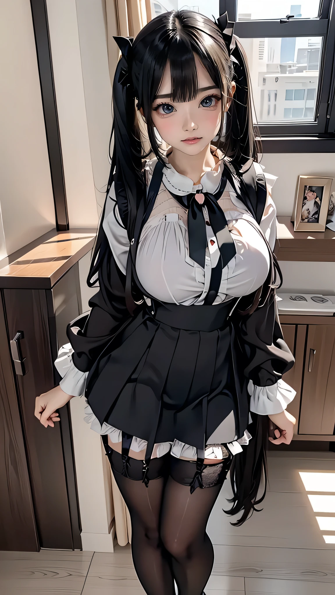 1 Girl, unique , HD, Accurate, long hair, Black Hair, Twin ponytails, Big Breasts , blush, has a seductive smile, heart in eye, Wearing a suspender skirt, Full Body Photo , long legs,Black Silk:1.5, pantyhose:1.5,Huge breasts