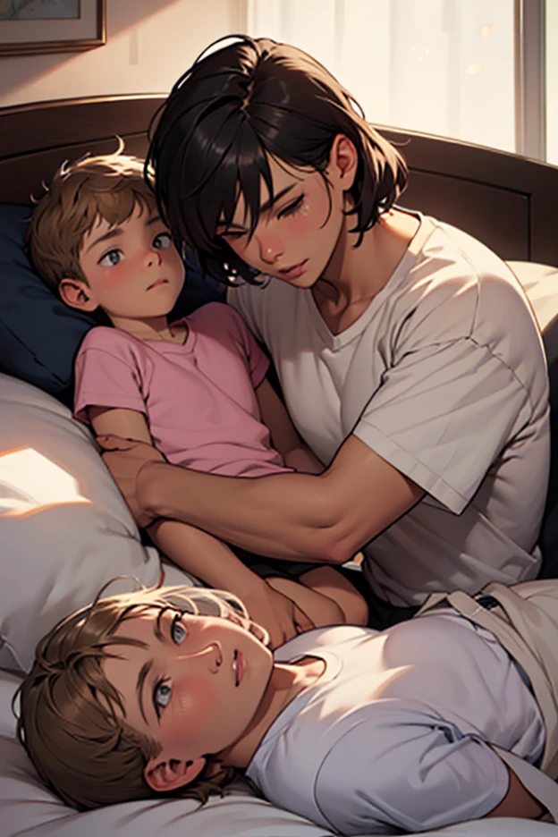 Masterpiece, official art, 8k, masterpiece, best quality, highly detailed, newborn male baby: 1.2, wrapped in cloth: 1, held by nurse: 1, lying in a crib: 1, in the mother's arms in bed: 1, mother's affectionate gaze: 1, tired but happy expression: 1, tears of happiness in the eyes, detailed eyes, detailed nose, detailed face