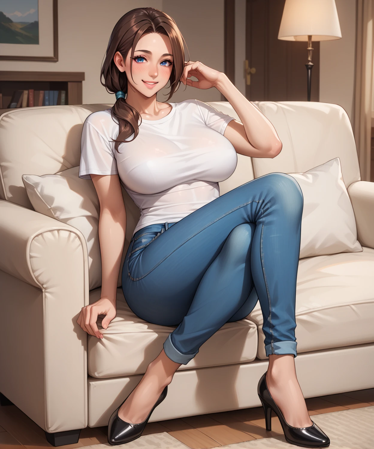 Kate Mara, masterpiece quality, (masterpiece quality:1.3), realistic, (realistic:1.3), detailed, solo, 1girl, (1girl;1.9), alone, (alone:1.9), in a 1970s living room, long hair, (long hair:1.5), brown hair, (brown hair:1.5), straight hair, wearing choker collar, wearing white tshity, (white tshirt:1.5), wearing blue jeans, (blue jeans:1.5), very big breasts, (big breasts:1.5), very thin body, covered breasts, (covered breasts:1.5), modest,