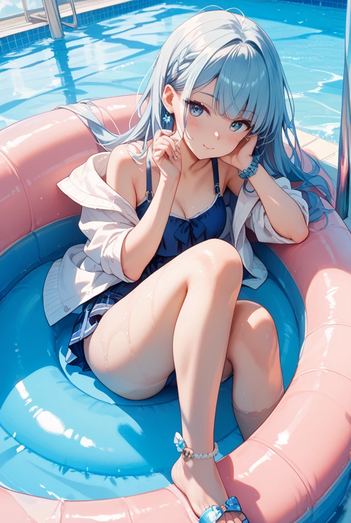 Pale blue hair，By bangs，long whitr hair，eyes blue，By bangs，teens girl，a sailor suit，White silk pantyhose，There are no shoes on the feet，All body，Sit on a swimming ring，Lie in the water，Blue sky by the sea in the background