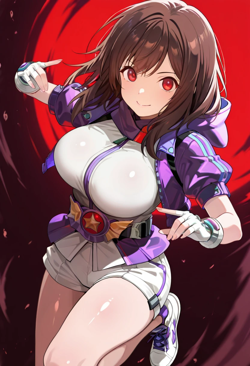 (Perfect body),Best Quality,16 K、(White blouse)、(a red jacket)、((pink miniskirt))、Blackknee Socks、brown belt、Blue striped panties、Panchira、:D、I have my mouth wide open、(((asymmetrical bangs)))、Ahoge、(((Hair is short)))、(Blue eyes),((Red hair)),(Sweat)、(Big ass)、huge-breasted、(((thick thighs)))、Arms are spread、(Inside the spaceship)