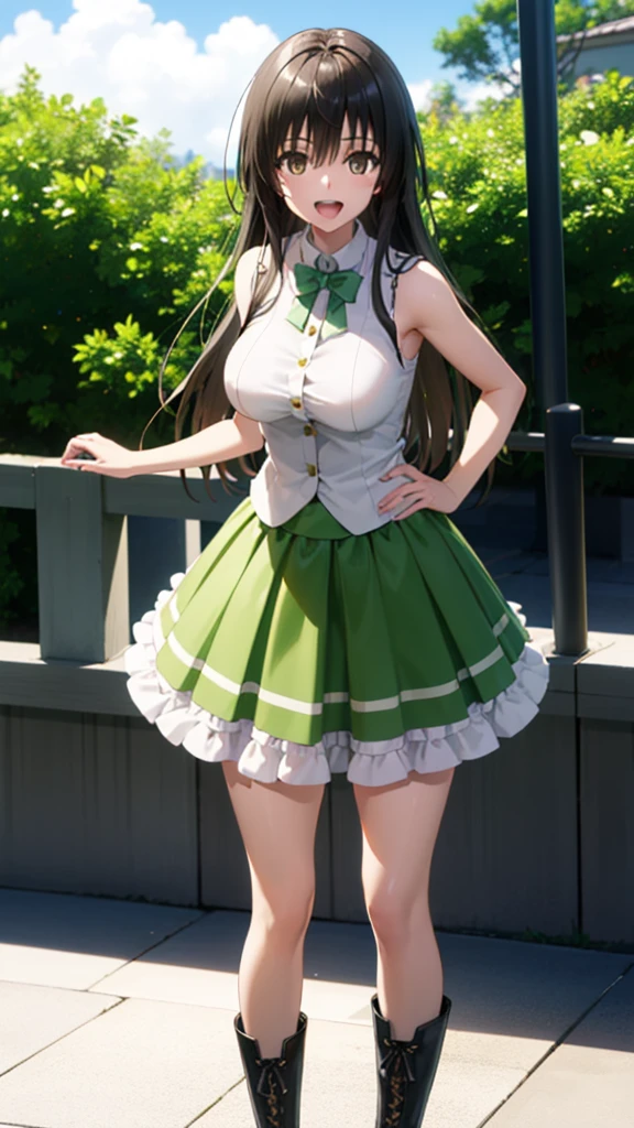 8K resolution, masterpiece, Highest quality, Award-winning works, unrealistic, tifa lockhart, 20-year-old, sexy college school girl, black long hair, beautiful Perfect Face, Soft Skin, Perfect Face, Yasutomo Oka's painting style, 165cm tall, Three sizes are 92/60/88, (lime green uniform:1.5), white silk camisole, deep Cleavage, skyblue very long skirt with many pIeats, black garter belts, knee high socks, black pumps, details, Splash screen,Sharp eyes, crystal blue eyes, pink lips, BREAK, White Silver, dynamic sexy poses, Sweat, Strong winds, standing alone on station platform, waiting for train coming, Osaka Japan