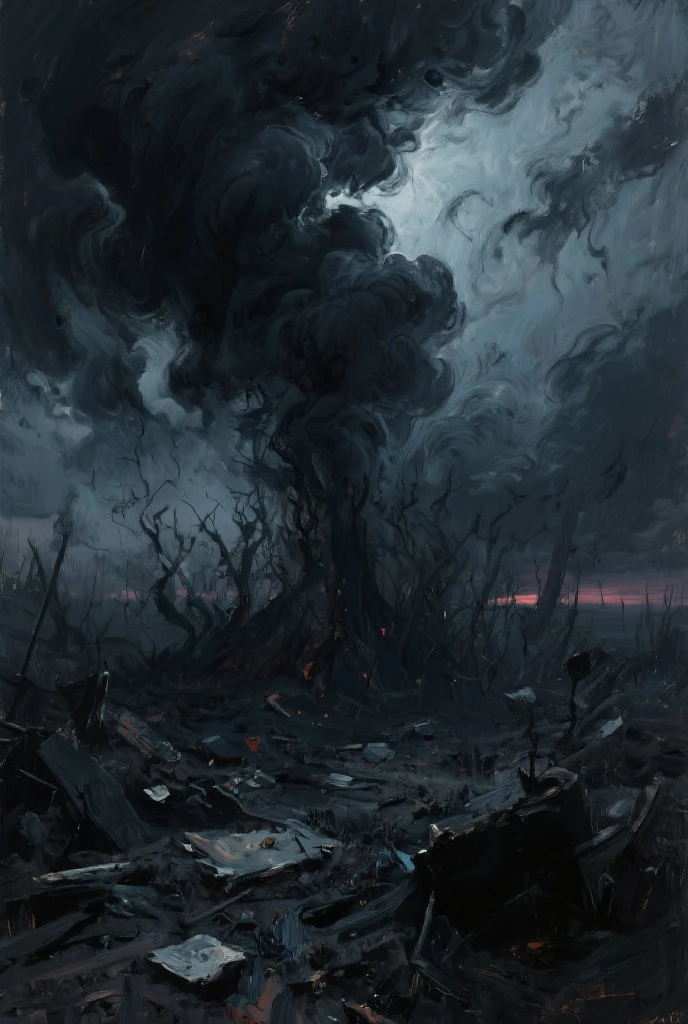 Masterpiece, Dark art, catastrophic art, Black Sky, The sky, covered with ash, tundra forest, covered with ash, near the gray ocean