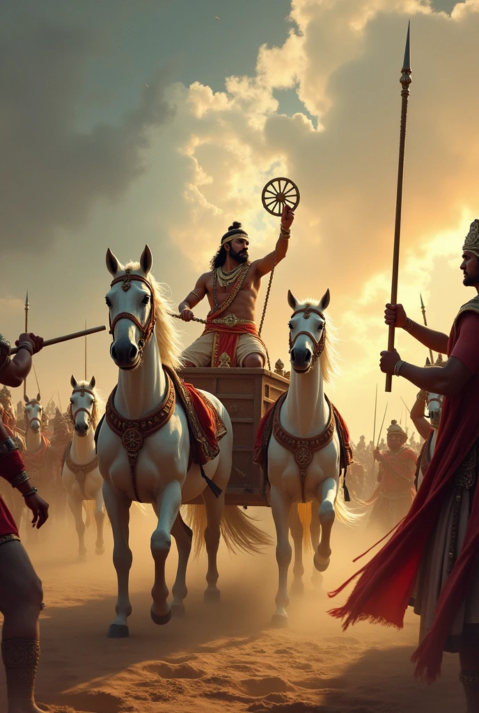 A dramatic scene from the Mahabharata battlefield: Arjun stands on a chariot, his bow drawn, with Lord Krishna beside him. Krishna, radiating wisdom and calmness, imparts the teachings of the Bhagavad Gita to Arjun. The chariot is adorned with flags, and horses are reined in, ready for battle. Above, dark storm clouds loom in the sky, adding tension to the moment. The landscape is rugged and war-torn, with distant armies barely visible through the dust and gloom. Krishna's divine presence is highlighted with a subtle glow around him.