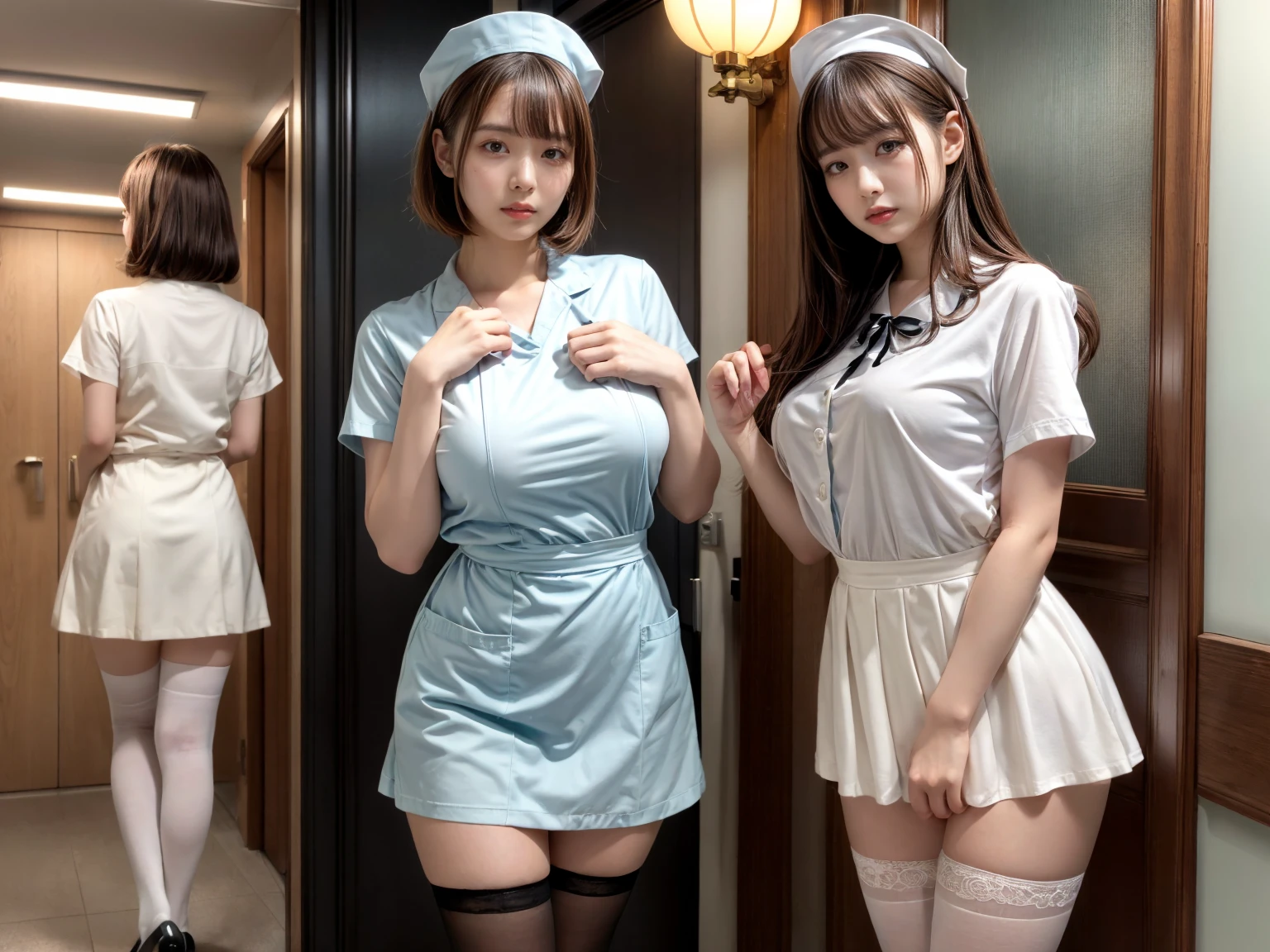 Highest quality、Face Focus、Soft Light、(Written boundary depth)、Ultra-high resolution、(Realistic:1.4)、RAW Photos、(knees:1.4)、((片方のkneesを軽く曲げる))Three Japanese Girls、20-year-old girl、Huge 、(shy、Sexy seductive smile:1.1)、(Moonlight Eyes)、Beautiful face in every detail、(blonde, Cute hairstyle, 強調された超Hugeな非常にHugeな胸の谷間が見える)、High angle shot、Center View、Two Arab Asian women sitting at a desk wearing satin clothes、Amazingly cute sexy girl、Japanese Girls、Wearing a lace slip shimmy、Surreal 、Surreal 、 Sexy and seductive lewd poses with hugging and touching、Ezvian Everywhere、Beautiful Skin、Glowing Skin、Nice thighs、Shining thighs、Shining Legs、kneesの白いハイソックス、Luxurious Japan bedroom 、Nogizaka idol、Korean Idol、We invite you、((Inviting eyes))Sheer garter belt, Standing by a large window that shines into the bedroom((nurse, nurse cap, breast pocket, collared dress, short dress, short sleeves, thighs, white dress, white headwear,)))