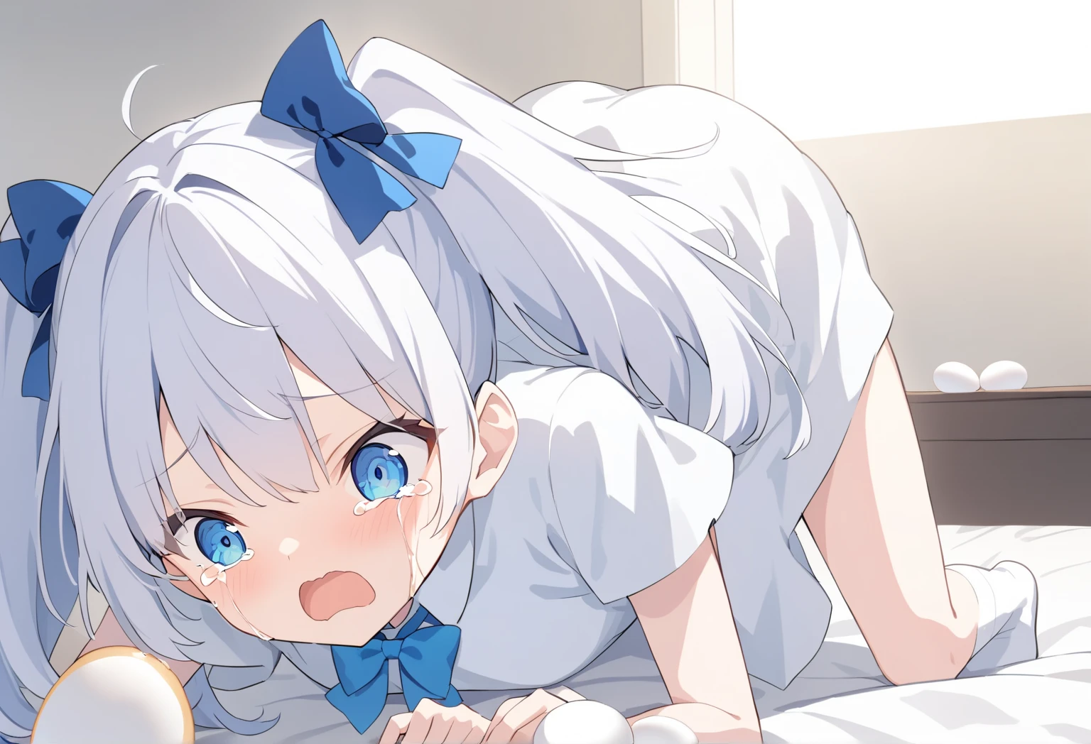 girl,,best quality, expressive eyes,perfect face,full body,very long hair,white hair,shining blue eyes,blue maid clothes lift,cross hair ornament,embarrassed,kindergarten body, kindergarten, pink room,cat ears ,cute,kawaii, heart spawn,bell,, ,pussy,panty pull,pussy juice,sweat,heat,from side view,chino, lying,on stomach,ass,1boy,penis,creampie,sex,